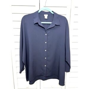 Chico's Dolman Sleeve High Low Button Down Top Women's Size 2 US Large Navy Blue